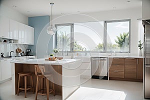 Modern wooden kitchen with wooden details and panoramic window, white and blue minimalistic interior design, sunset sunrise panora