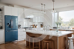 Modern wooden kitchen with wooden details and panoramic window, white and blue minimalistic interior design, sunset sunrise panora