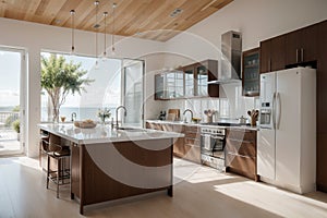 Modern wooden kitchen with wooden details and panoramic window, white and blue minimalistic interior design, sunset sunrise panora