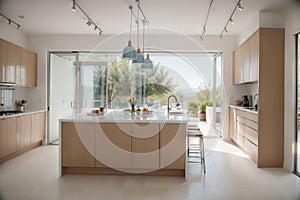 Modern wooden kitchen with wooden details and panoramic window, white and blue minimalistic interior design, sunset sunrise panora