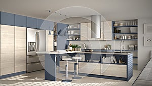 Modern wooden kitchen with wooden details, white and blue minima