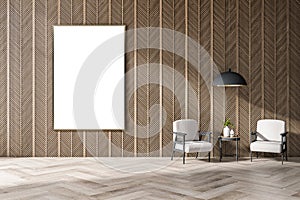 Modern wooden living room interior with sunlight, armchairs and coffee table, empty white mock up poster on wall. Lifestyle