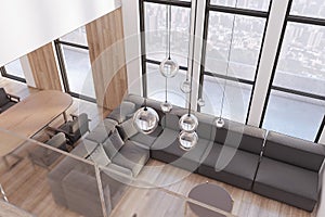 Modern wooden living room interior with window and panoramic city view, comfortable couch and dining table with chairs. Luxury