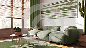 Modern wooden living and room in white and green tones. Fabric sofa, parquet floor, window and decors. Japandi interior design