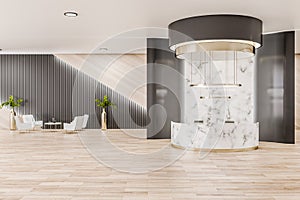 Modern wooden and marble office reception interior with desk and other objects. Waiting area concept.