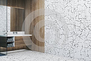 Modern wooden and marble tile bathroom interior with empty mock up place on wall and mirror.
