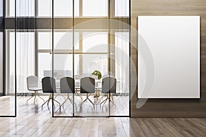 Modern wooden meeting room office interior with empty white mock up banner on wall, table, armchairs, window with city view and