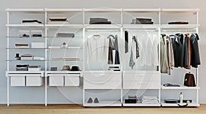 Modern wooden and metal wardrobe with men clothes hanging on rail in walk in closet design interior