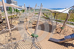 Modern wooden playground for children and kids in suburb, concept of modern urban living