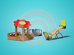 Modern wooden playground for children with sandbox and two swings 3d render on blue background with shadow