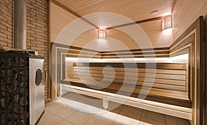 Modern wooden sauna interior with elegant lighting and electric heater