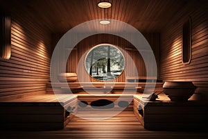 Modern wooden sauna interior, Finnish design of bathroom for hot treatments. Steam spa room in hotel or home in summer. Theme of