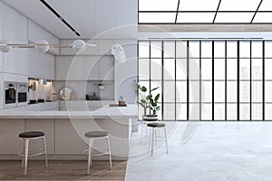 Modern and wooden spacious kitchen interior with ceiling window with city view, equipment and daylight. 3D Rendering