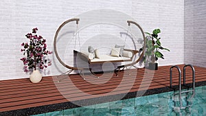 modern wooden swing on wooden floor swimming pool deck with small plant