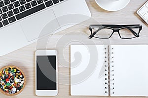 Modern wooden tabletop with items