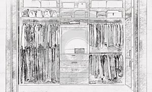 Modern wooden wardrobe with clothes hanging on rail in walk in closet, pencil sketch