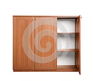 Modern wooden wardrobe with empty shelves on white