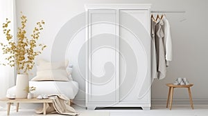 modern wooden wardrobe with women clothes hanging on rail in walk in closet, Scandinavian style. ai