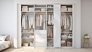 modern wooden wardrobe with women clothes hanging on rail in walk in closet, Scandinavian style. ai