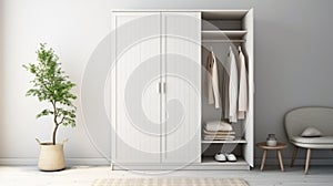 modern wooden wardrobe with women clothes hanging on rail in walk in closet, Scandinavian style. ai