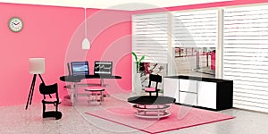 Modern working room interior, 3 black desktop computer put on a glass table in front of pink wall