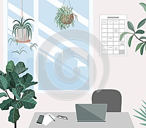 Modern workplace with chair, table, notebook, window, and plants. Empty home office interior. Nobody in cabinet space