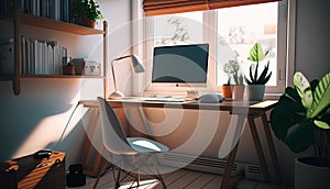 Modern workplace with computer and other items. Mock up, 3D Rendering