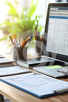 Modern workplace desk with documents and computer