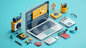 Modern Workplace Tech Setup: Laptop, Gadgets, and Design Elements