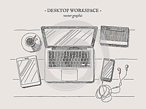 Modern workplace vector vintage illustration