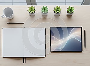 Modern Workspace with Blank Notebook and Tablet Mockup