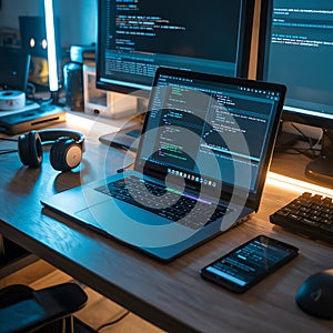 Modern workspace with coding laptop and dual monitors setup