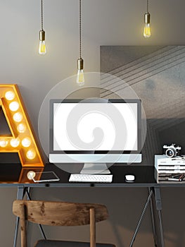 Modern workspace with computer and bulbs