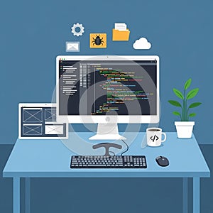 Modern workspace with computer, coding interface, and development tools