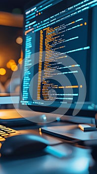 Modern workspace with computer and coding screen at night