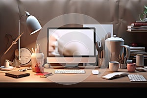 Modern workspace with computer, coffee cup and other objects. Workplace concept. 3D Rendering, 3d render of working space with