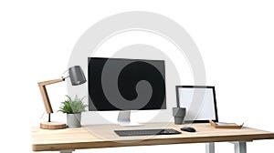 Modern workspace with computer monitor, keyboard, mouse, lamp and coffee cup on wooden desk isolated on white background