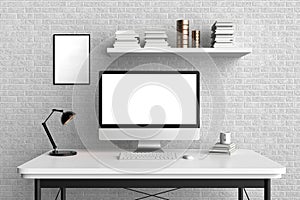 Modern workspace, computer screen and frame mock up. 3D