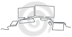 Modern workspace continuous one line vector drawing