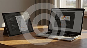 Modern Workspace with Data Visualization on Laptop and Tablet