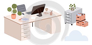 Modern workspace with desk, computer, decor elements, files, and storage for an organized office setup