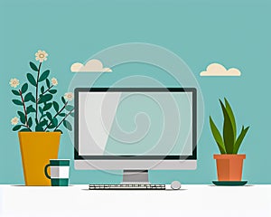 Modern Workspace with Desktop Computer, Coffee Mug, and Indoor Plants on a Minimalist Desk