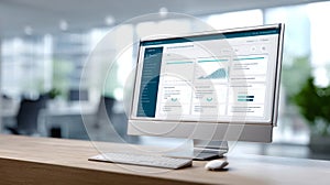 Modern workspace with desktop computer displaying data analytics dashboard and graphs on screen with keyboard and mouse on wooden