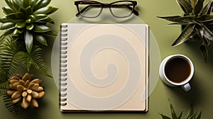 Modern Workspace Essentials. Notebook, Laptop, Coffee, and Eyeglasses on a Light Desk