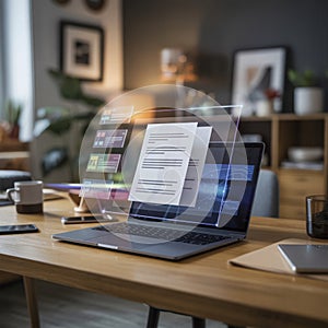 Future of Work: Holographic Document Management on Laptop (Generated using AI)