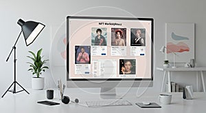 Modern workspace features a large computer monitor displaying an NFT