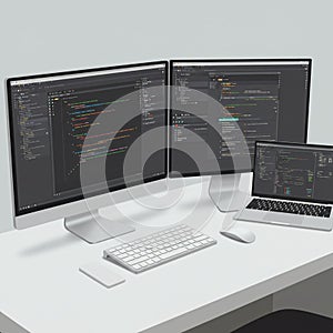A modern workspace features two large desktop monitors and a laptop displaying