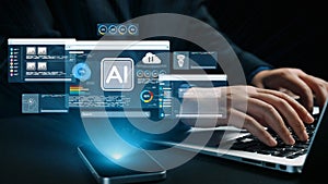 Modern workspace featuring AI technology with a laptop and smartphone showcasing data analytics and cloud computing in a