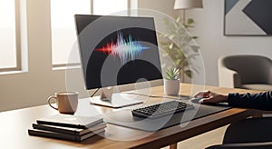 Audio Editing Workspace Computer, Sound Waveform, Desk