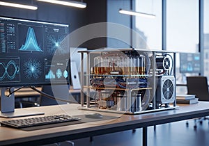 A modern workspace featuring a computer displaying complex data